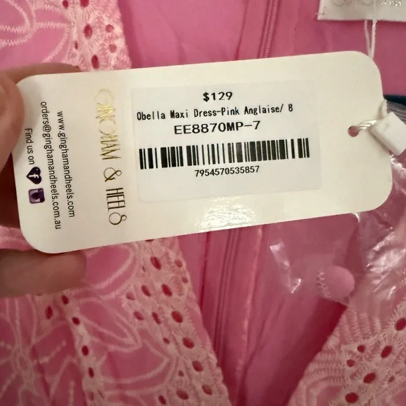 Gingham & Heels Obella Pink Eyelet Maxi Dress NWT Size 4 - Picture 2 of 3